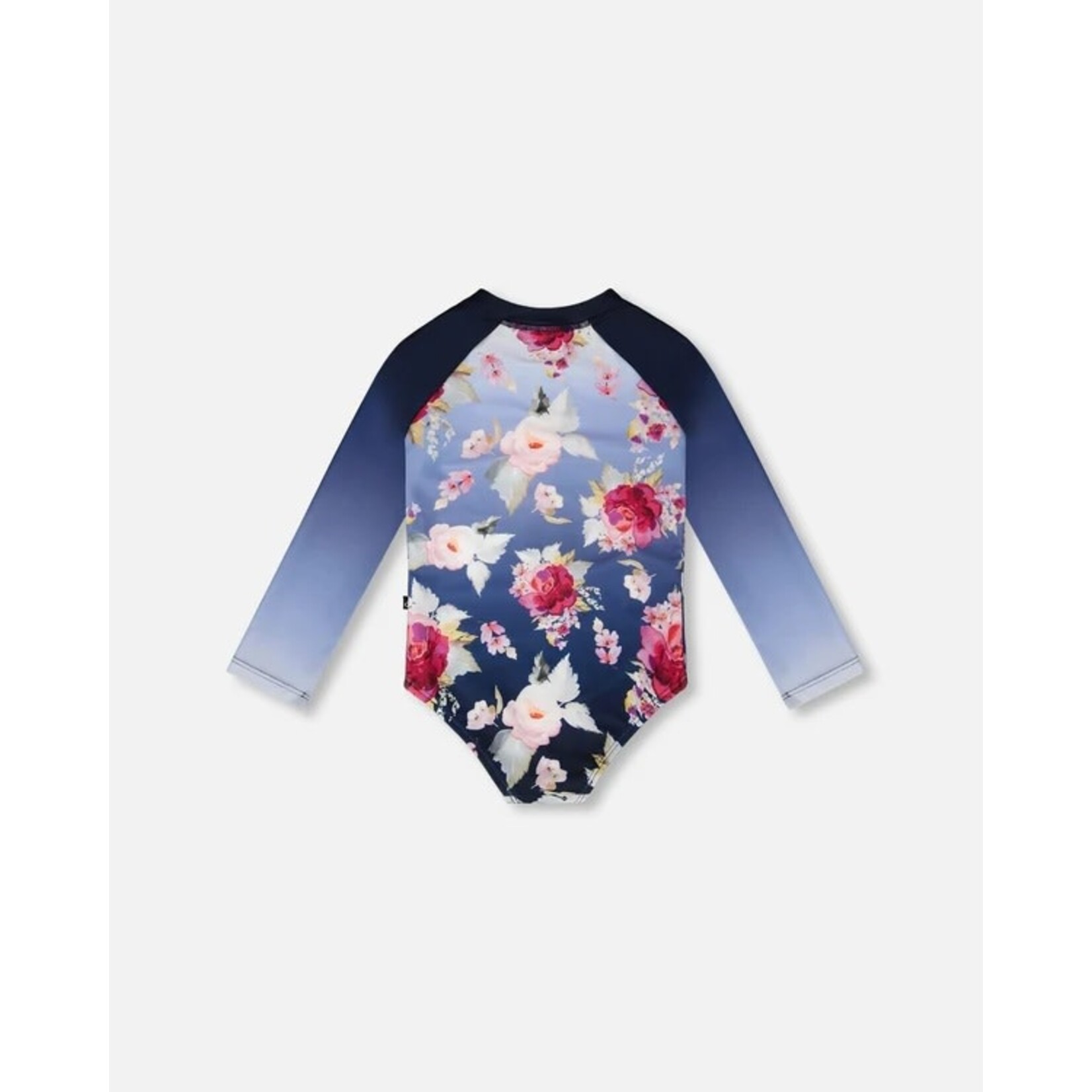 Deux par Deux DEUX PAR DEUX - Blue one-piece long-sleeved swimsuit with rose print 'Comme un poisson dans l'eau'