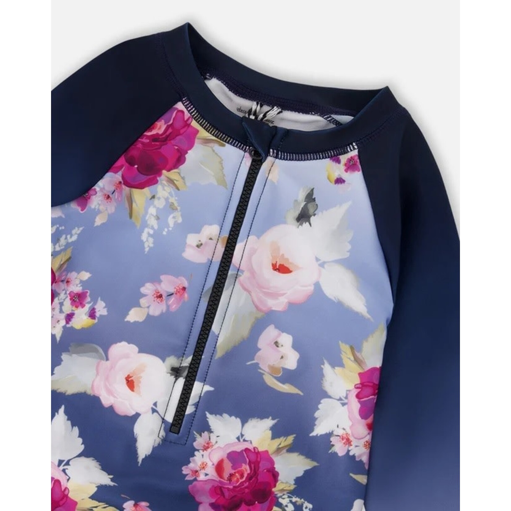 Deux par Deux DEUX PAR DEUX - Blue one-piece long-sleeved swimsuit with rose print 'Comme un poisson dans l'eau'