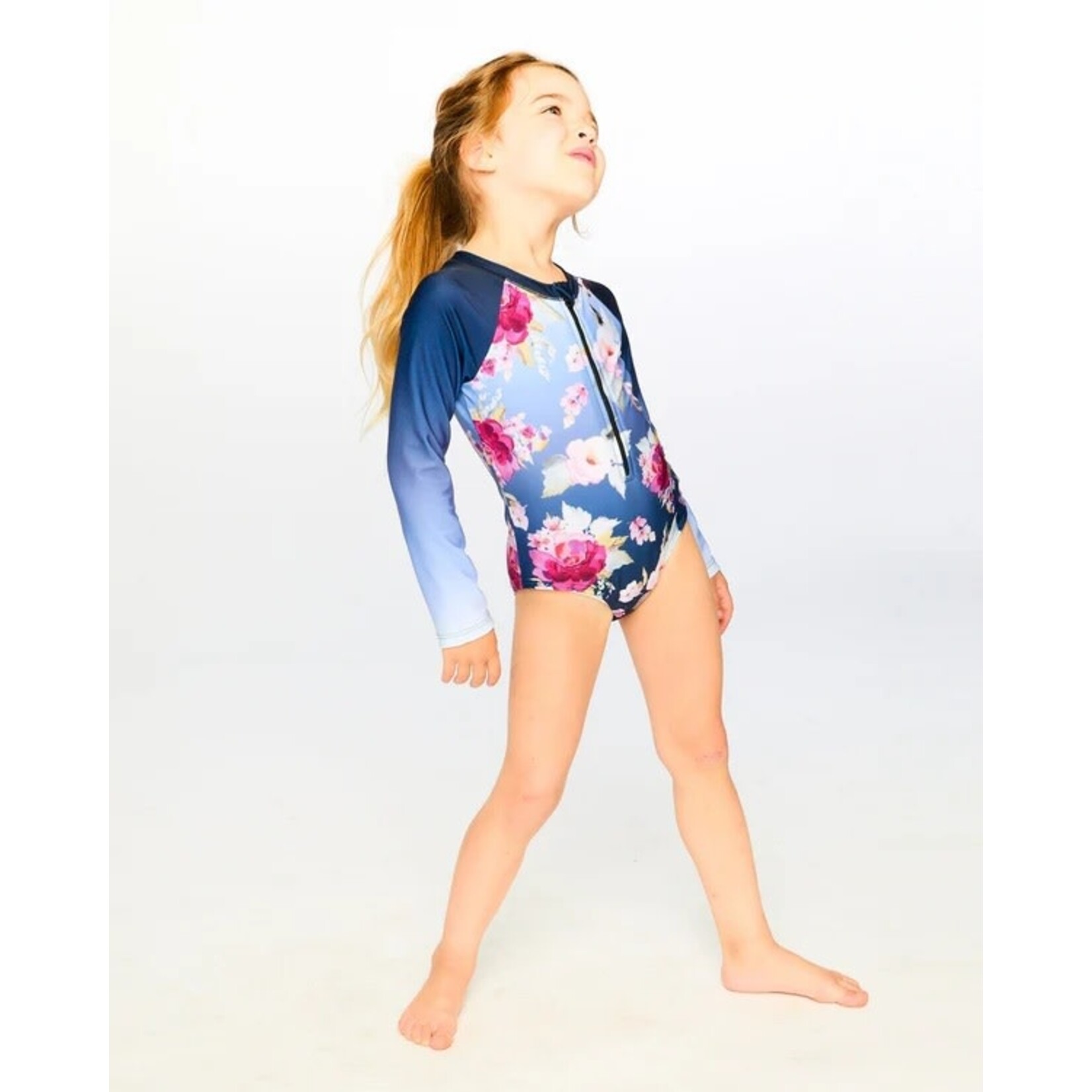 Deux par Deux DEUX PAR DEUX - Blue one-piece long-sleeved swimsuit with rose print 'Comme un poisson dans l'eau'