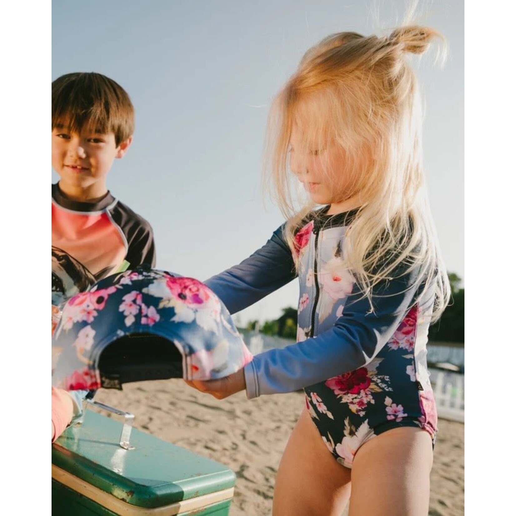 Deux par Deux DEUX PAR DEUX - Blue one-piece long-sleeved swimsuit with rose print 'Comme un poisson dans l'eau'