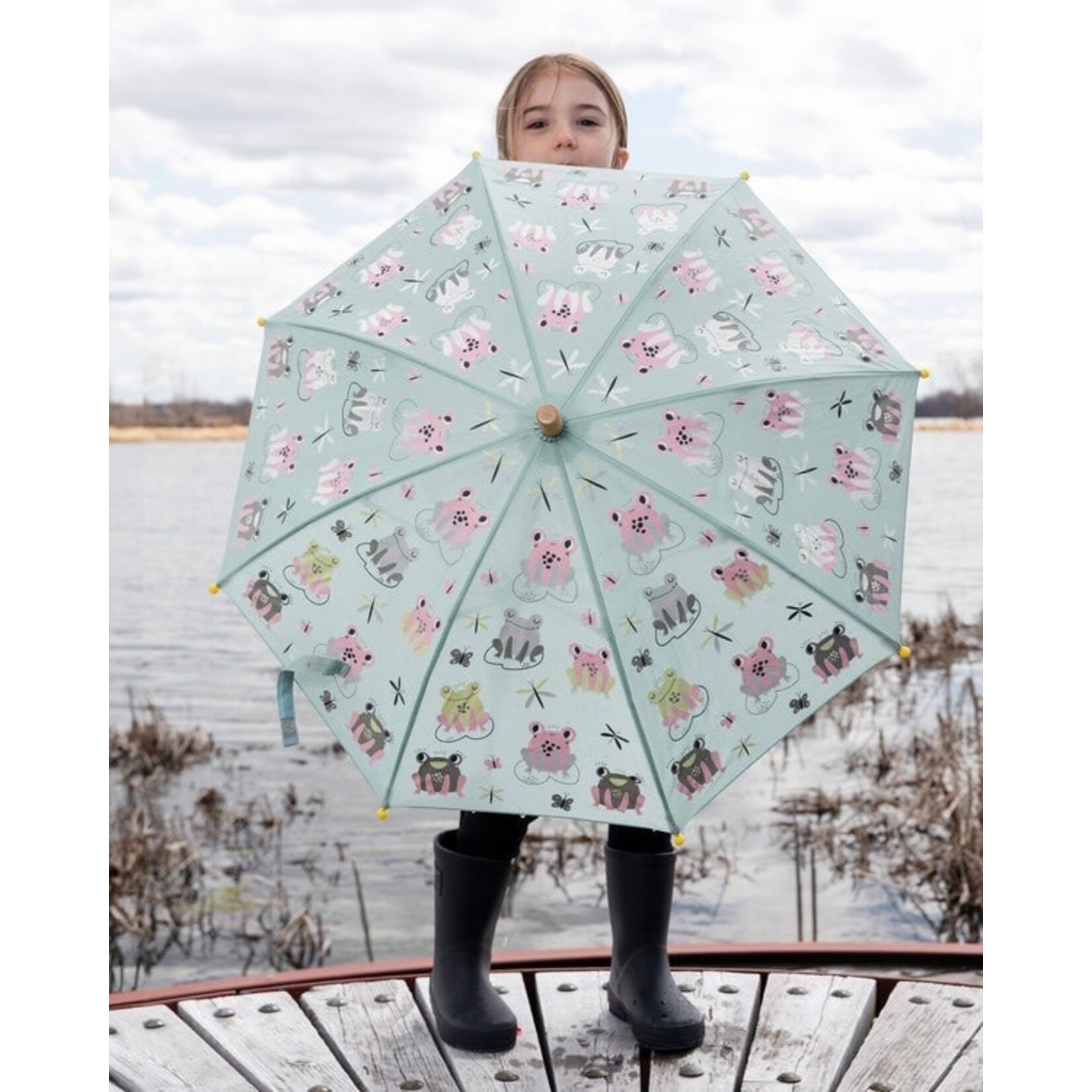 Deux par Deux DEUX PAR DEUX - Color-changing umbrella, green with frog print 'Brise du Printemps'