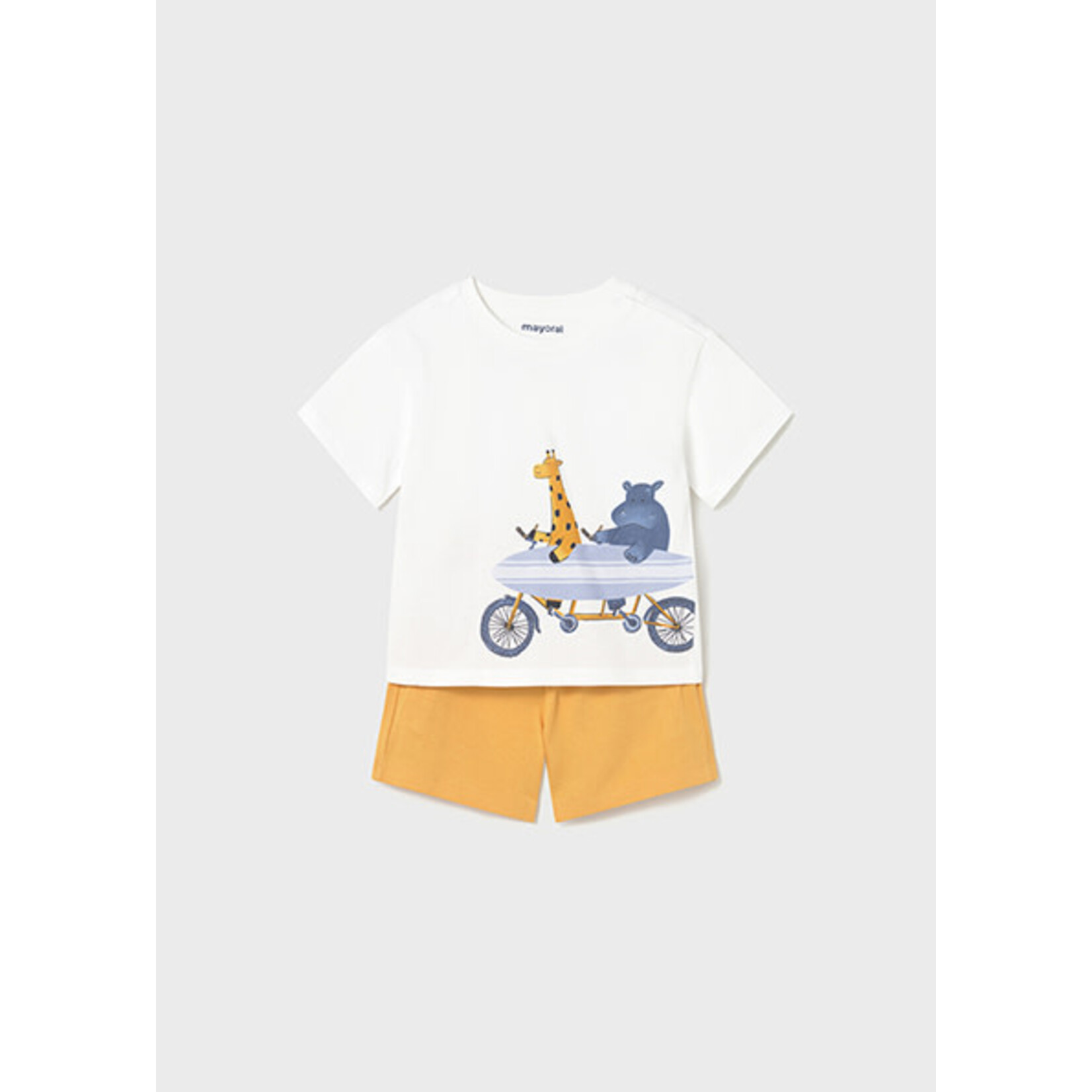 Mayoral MAYORAL - Ensemble  2 pièces avec chandail blanc avec imprimé d'animaux à vélo et un short pêche