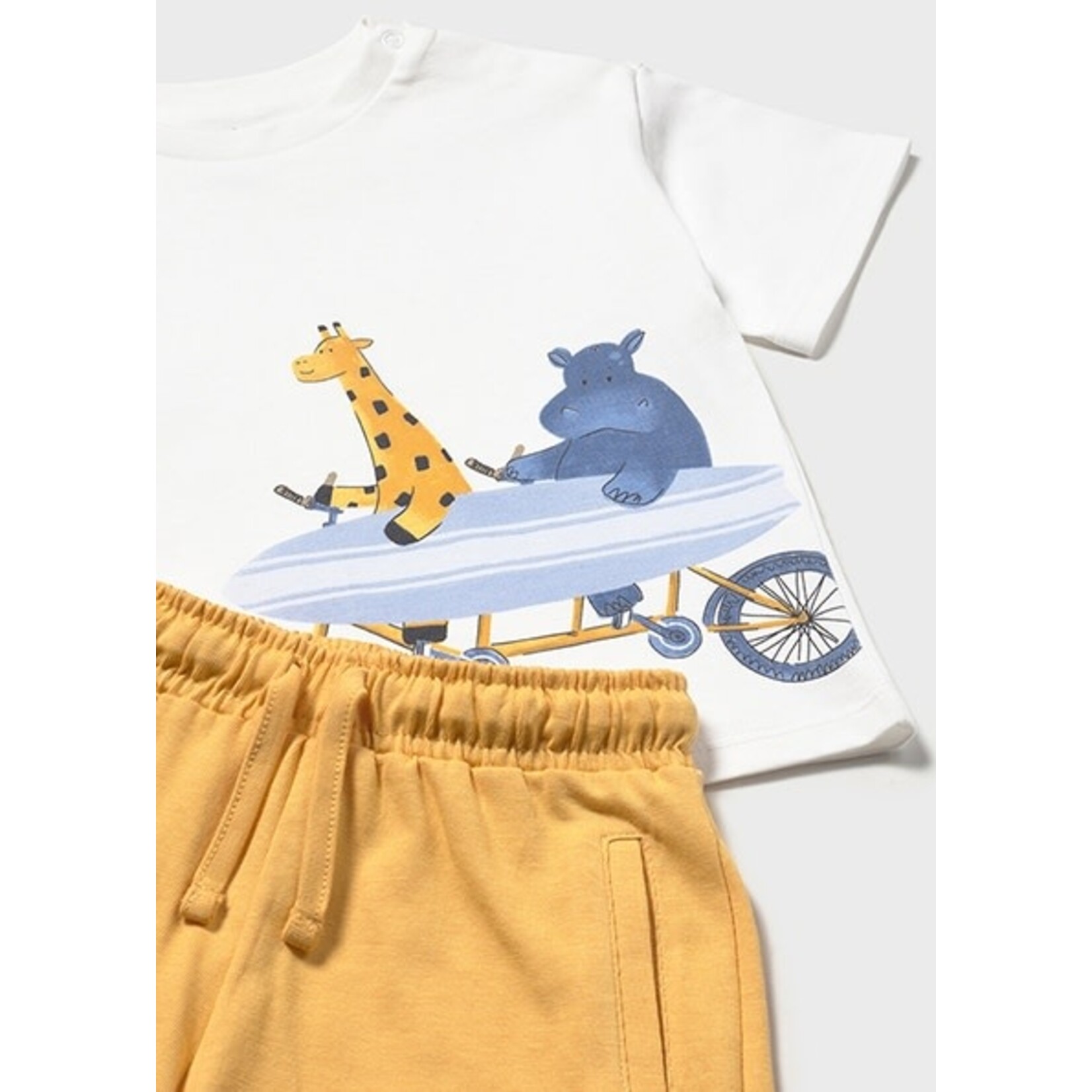 Mayoral MAYORAL - 2-piece set with a white sweater featuring a bicycle animal print and peach shorts