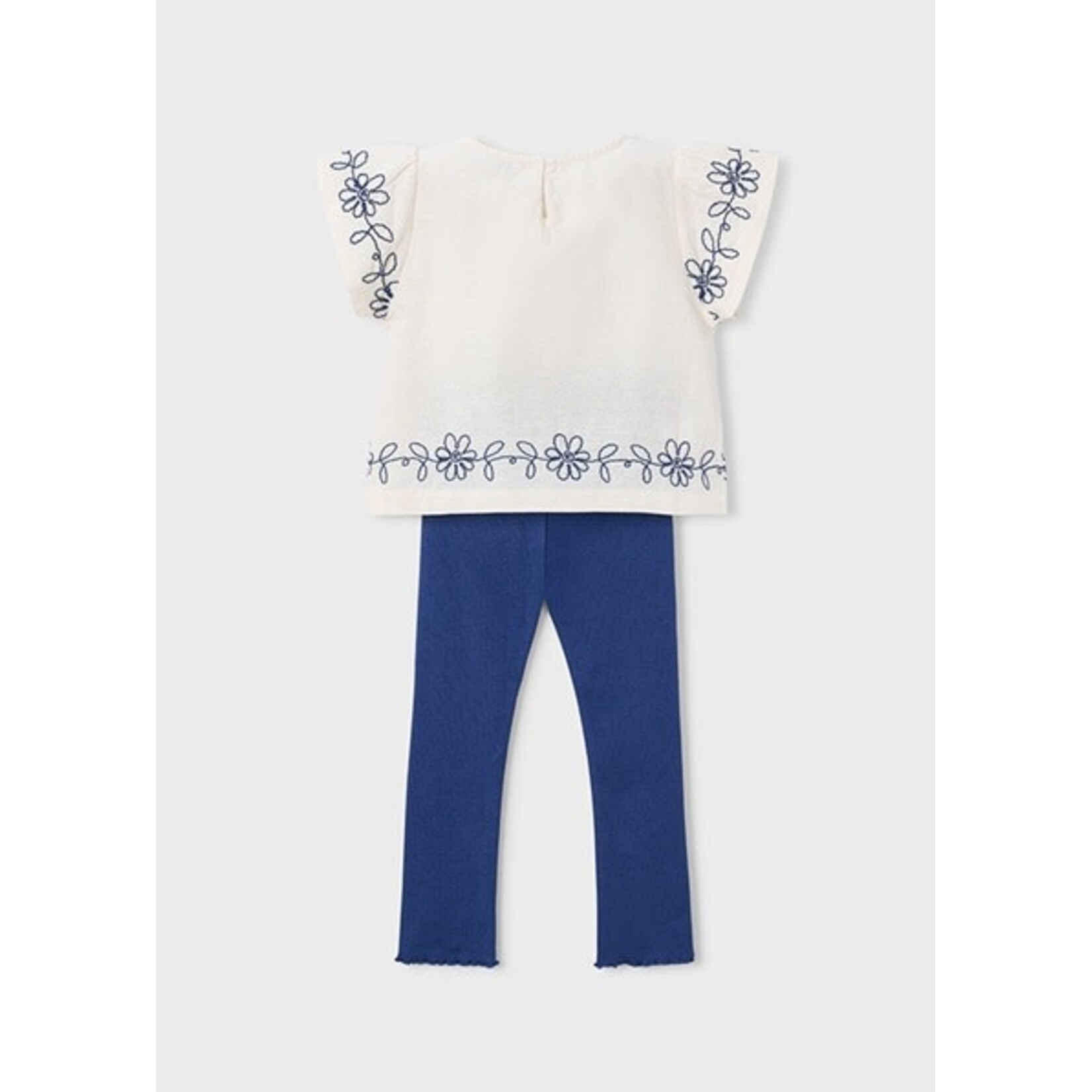 Mayoral MAYORAL - 2-piece set - Lightweight short-sleeved T-shirt with ruffles and blue floral embroidery, and navy blue ribbed leggings