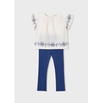 Mayoral MAYORAL - 2-piece set - Lightweight short-sleeved T-shirt with ruffles and blue floral embroidery, and navy blue ribbed leggings