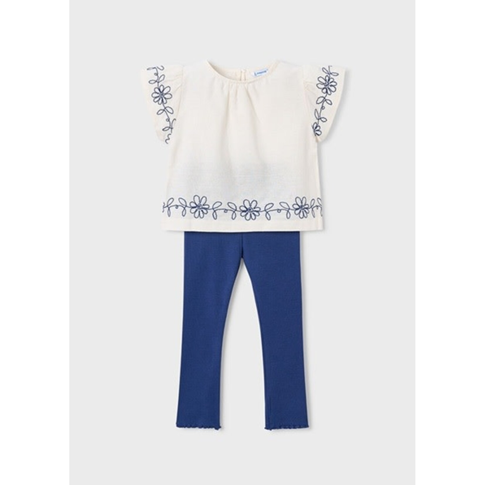 Mayoral MAYORAL - 2-piece set - Lightweight short-sleeved T-shirt with ruffles and blue floral embroidery, and navy blue ribbed leggings