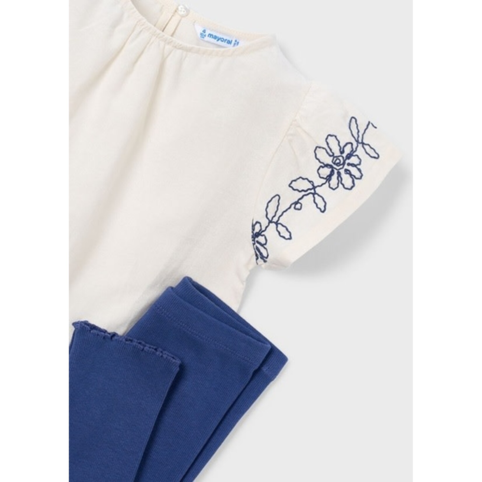Mayoral MAYORAL - 2-piece set - Lightweight short-sleeved T-shirt with ruffles and blue floral embroidery, and navy blue ribbed leggings