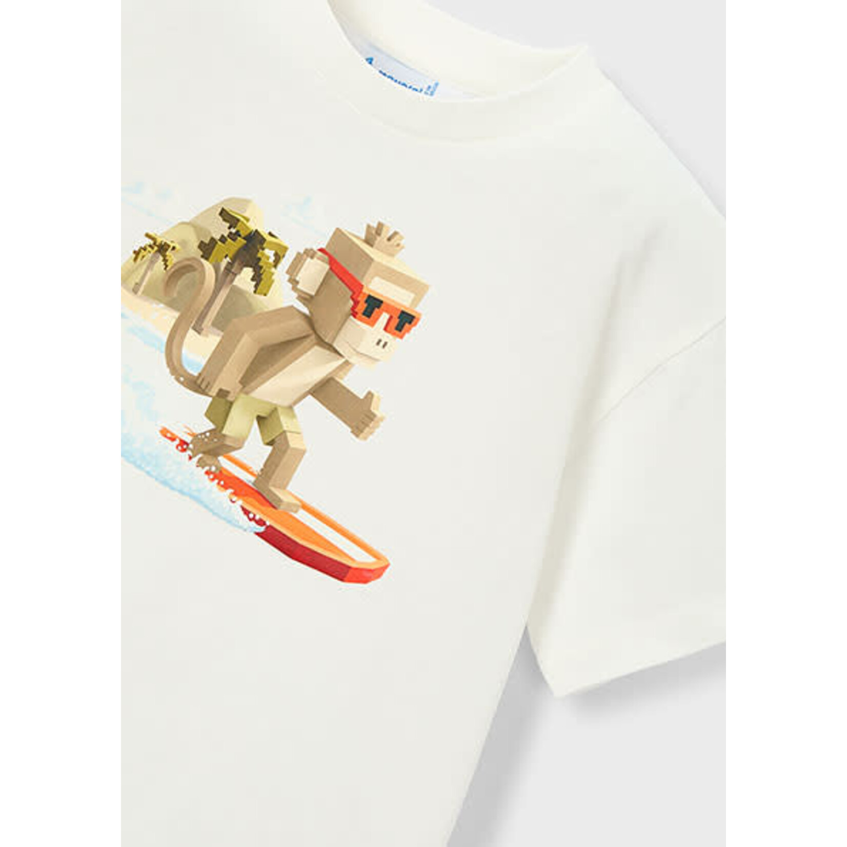 Mayoral MAYORAL - T-shirt blanc à manches courtes avec imprimé d'un singe surfeur cubique