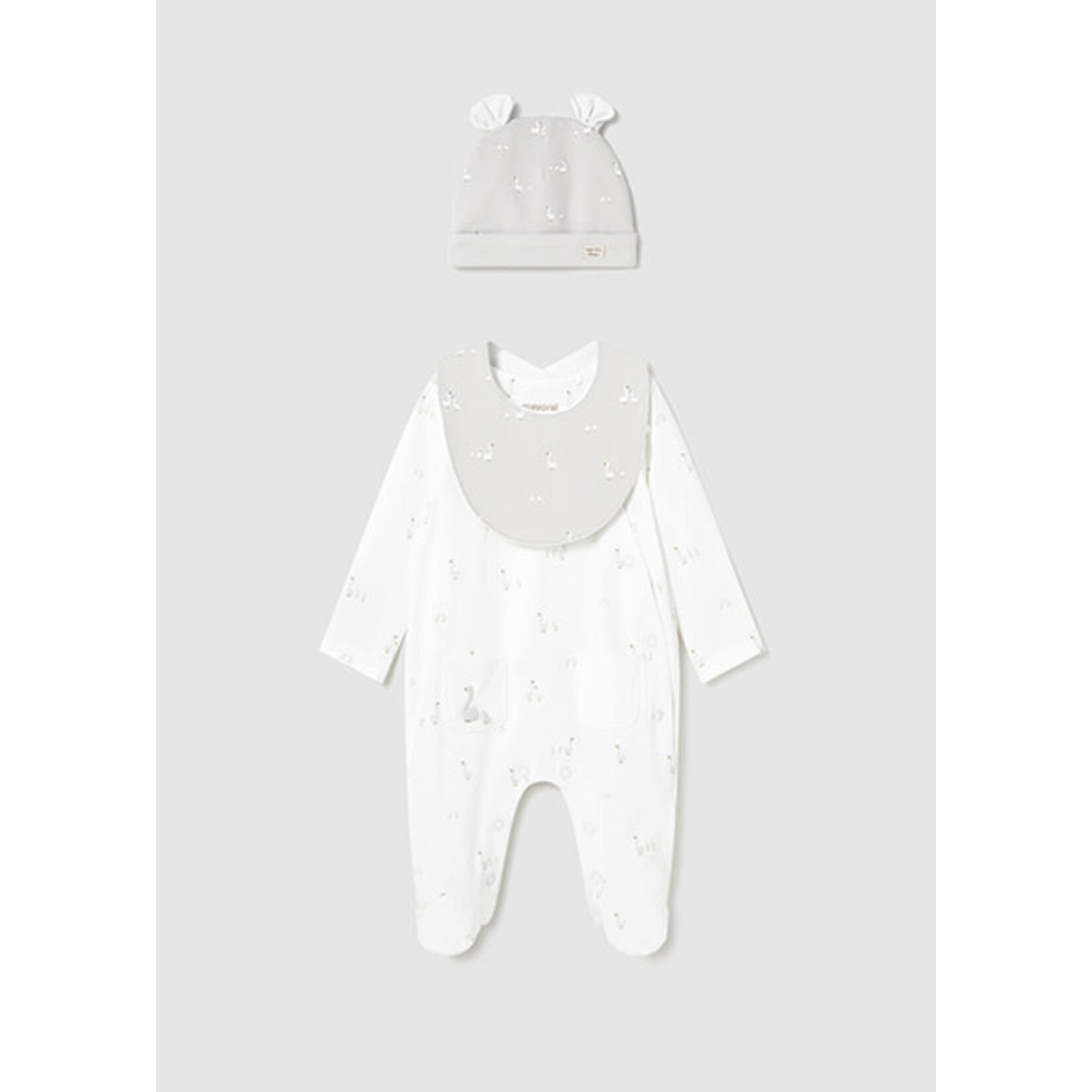 Mayoral MAYORAL - 3-piece set - White pyjamas, bib and hat with duck print
