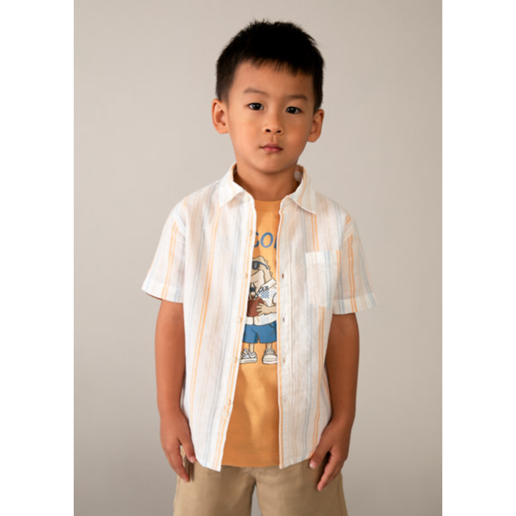 Mayoral MAYORAL - Short-sleeved linen shirt with peach, blue and white striped pattern