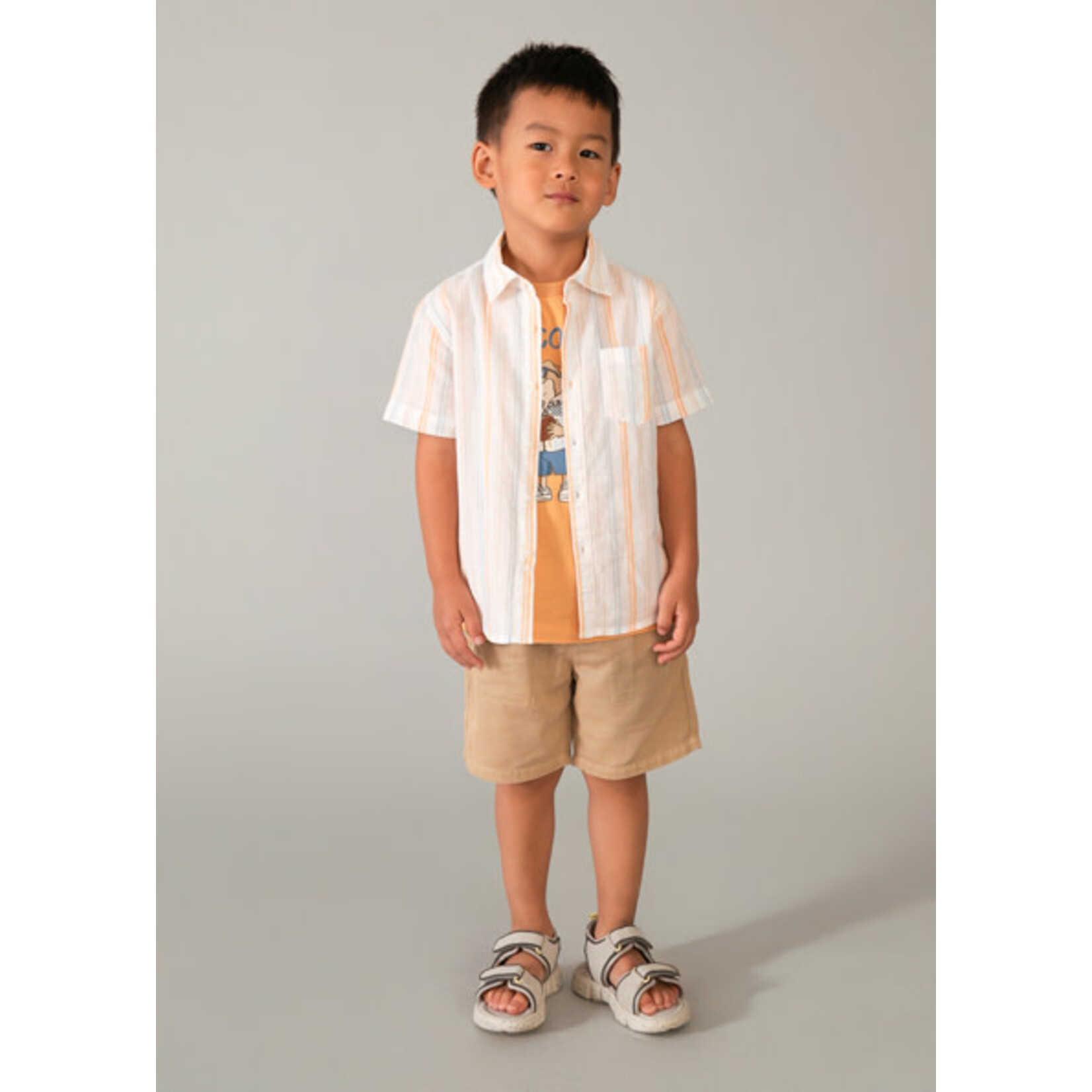Mayoral MAYORAL - Short-sleeved linen shirt with peach, blue and white striped pattern