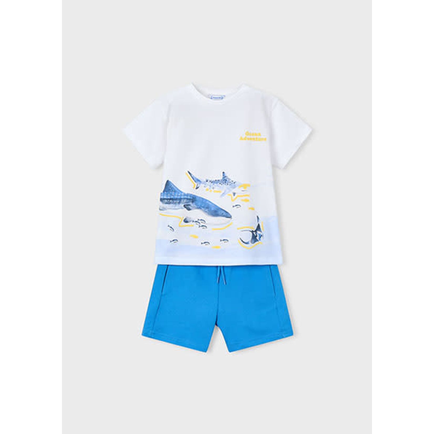 Mayoral MAYORAL - 2-piece set - White T-shirt with shark print and blue shorts