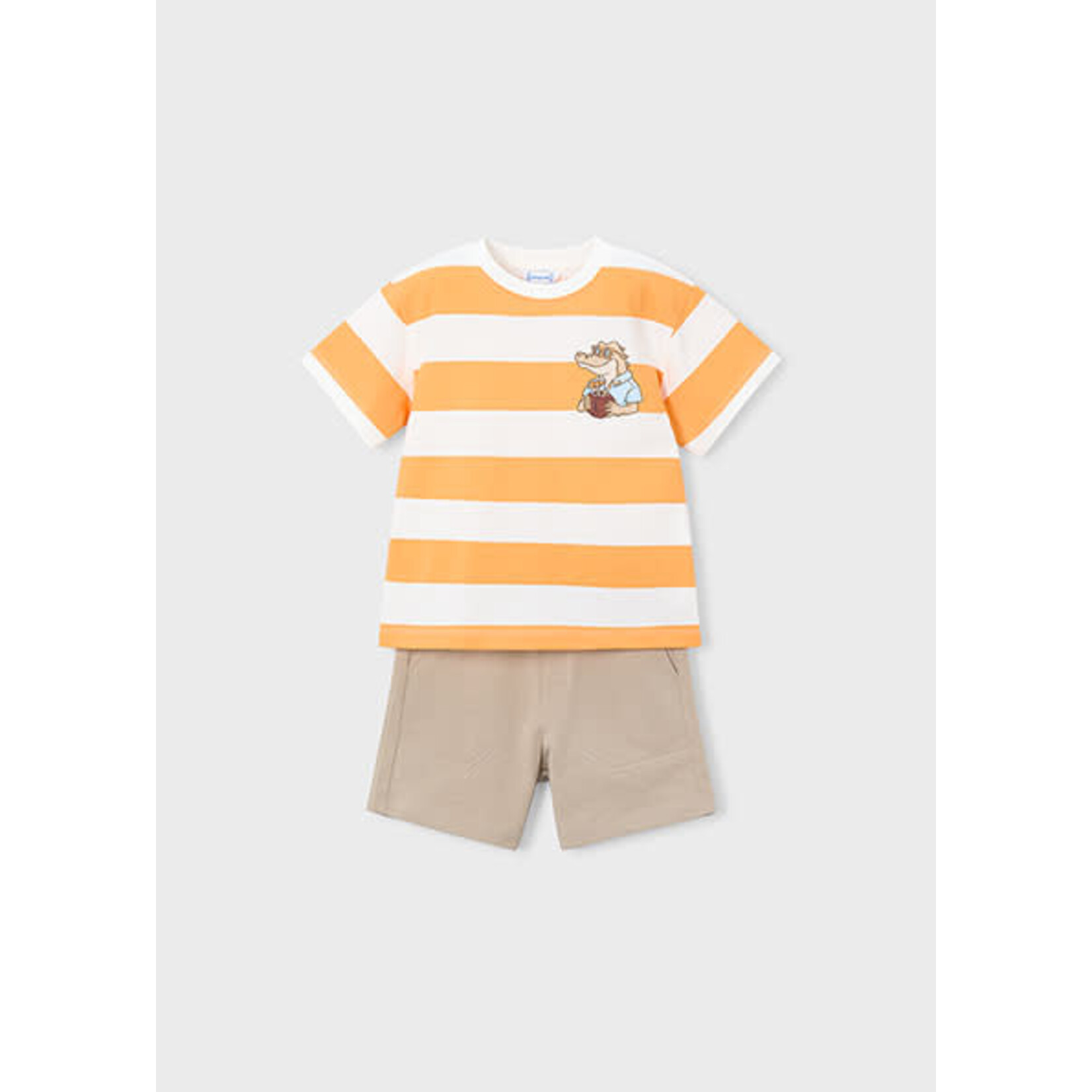 Mayoral  MAYORAL - 2-piece set - White and peach striped T-shirt with crocodile print and beige shorts