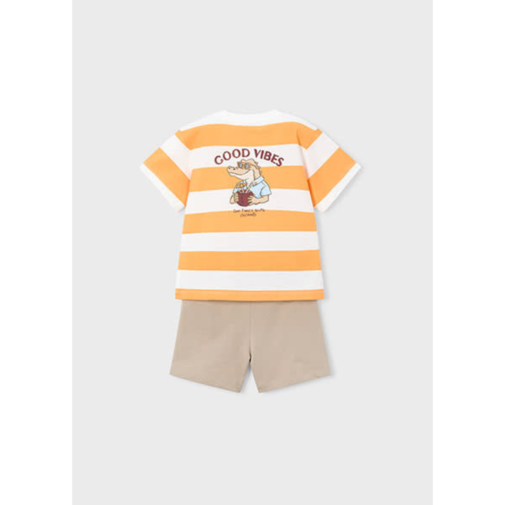 Mayoral  MAYORAL - 2-piece set - White and peach striped T-shirt with crocodile print and beige shorts