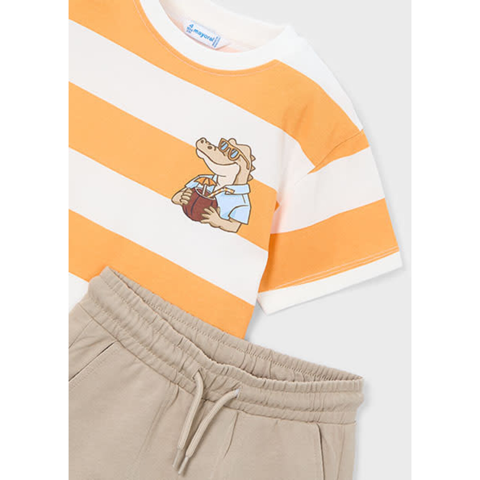 Mayoral  MAYORAL - 2-piece set - White and peach striped T-shirt with crocodile print and beige shorts