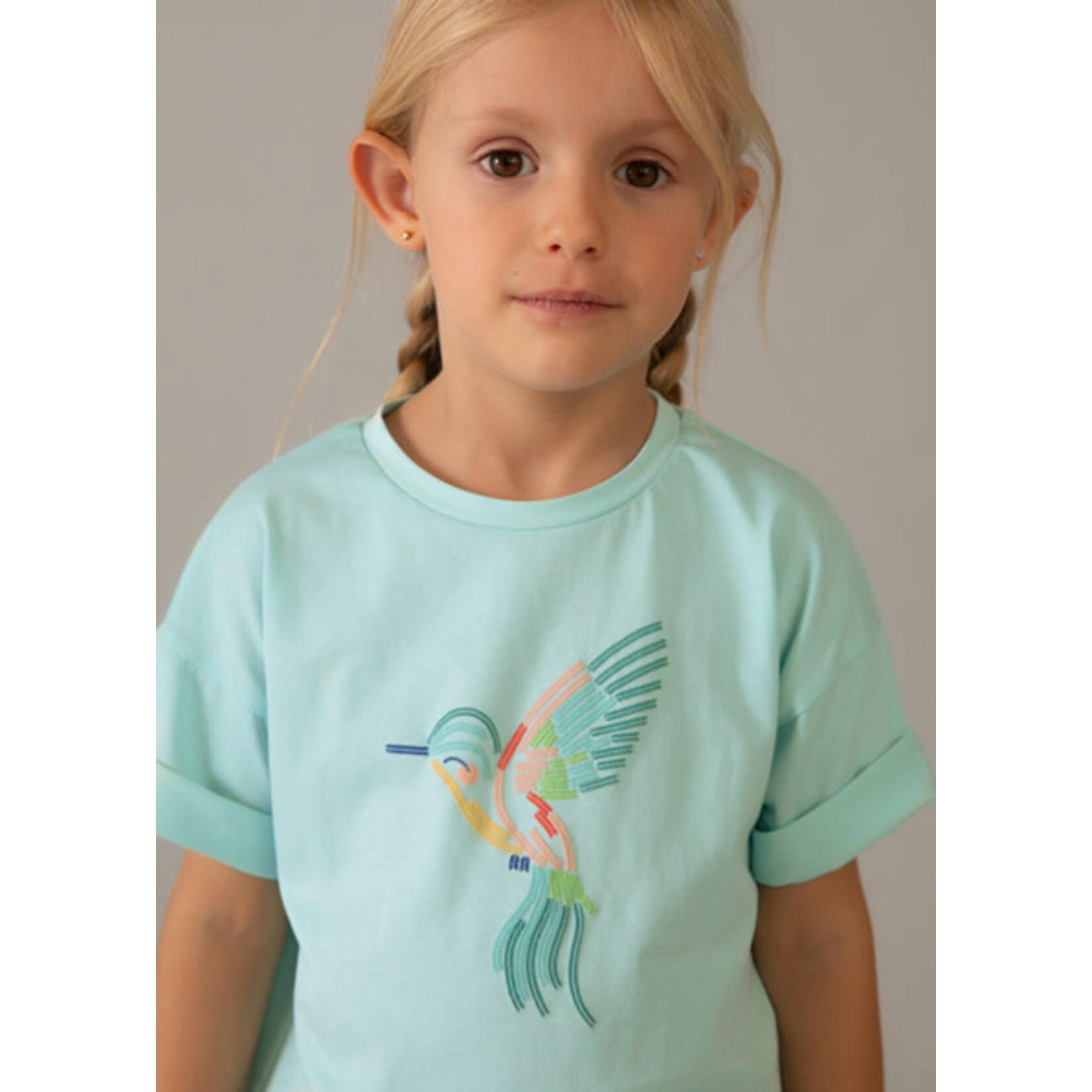 Mayoral MAYORAL - Turquoise T-shirt with a multicolored bird design