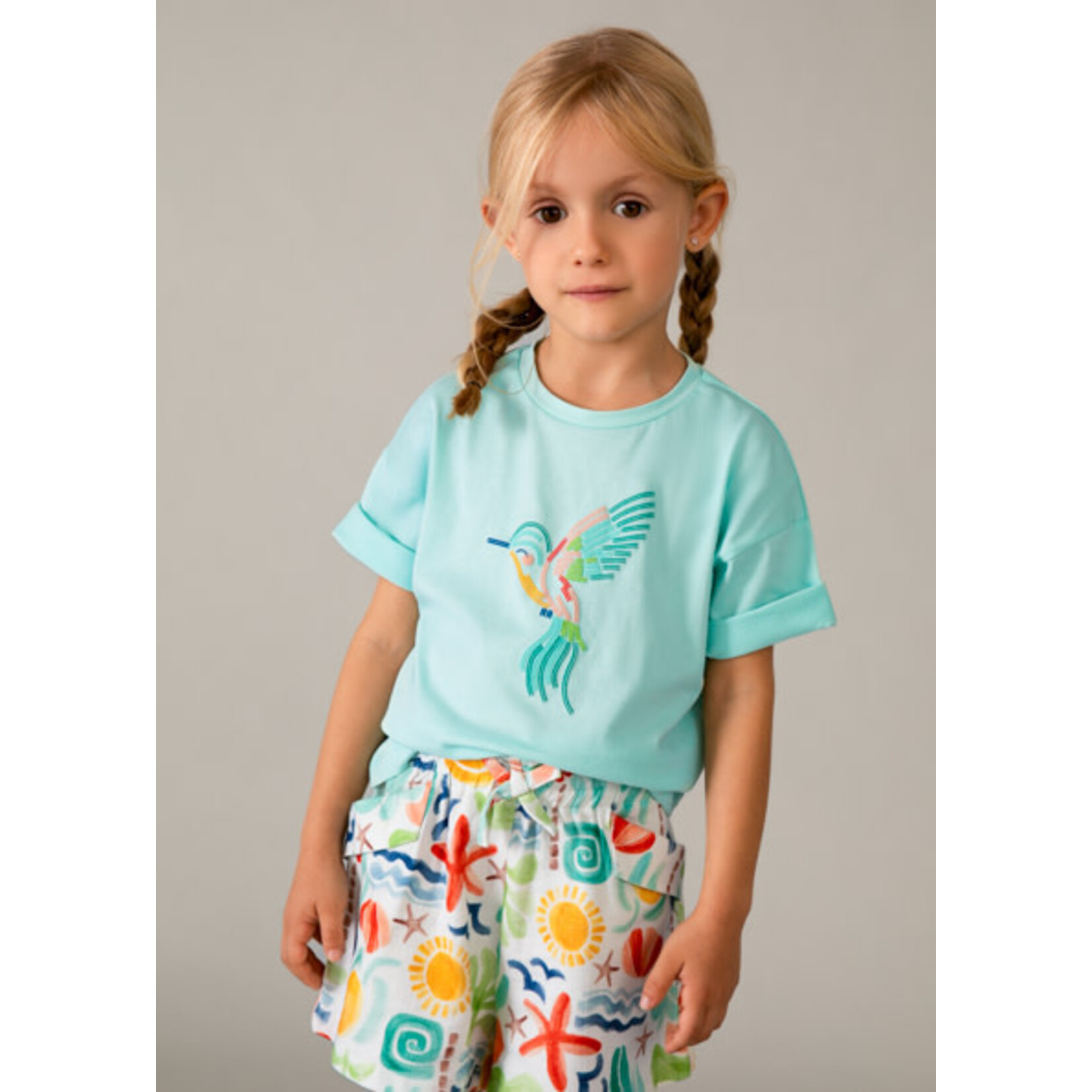 Mayoral MAYORAL - Turquoise T-shirt with a multicolored bird design