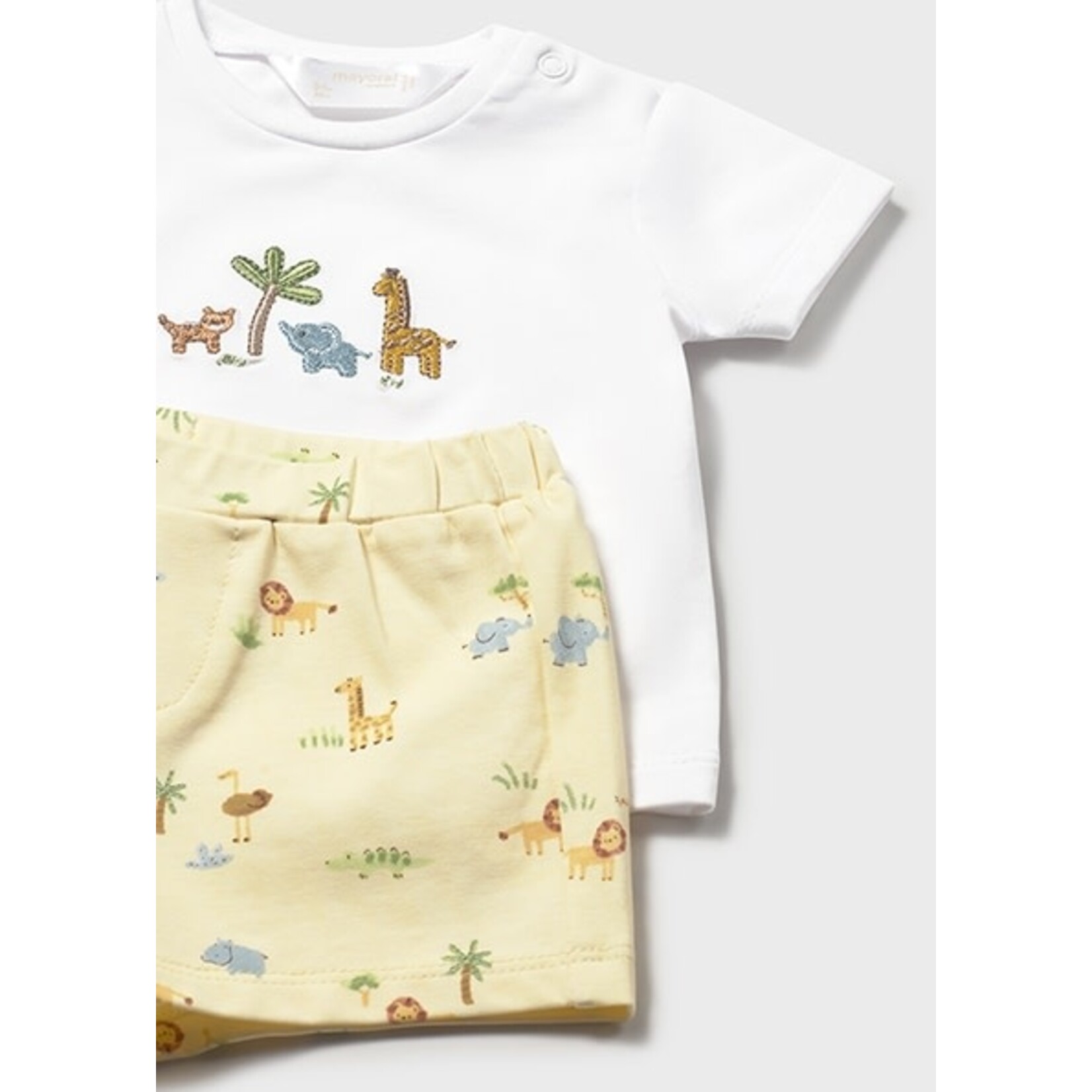 Mayoral MAYORAL - Ensemble 2 morceaux - T-shirt blanc avec broderie d'animaux et short jaune avec imprimé d'animaux