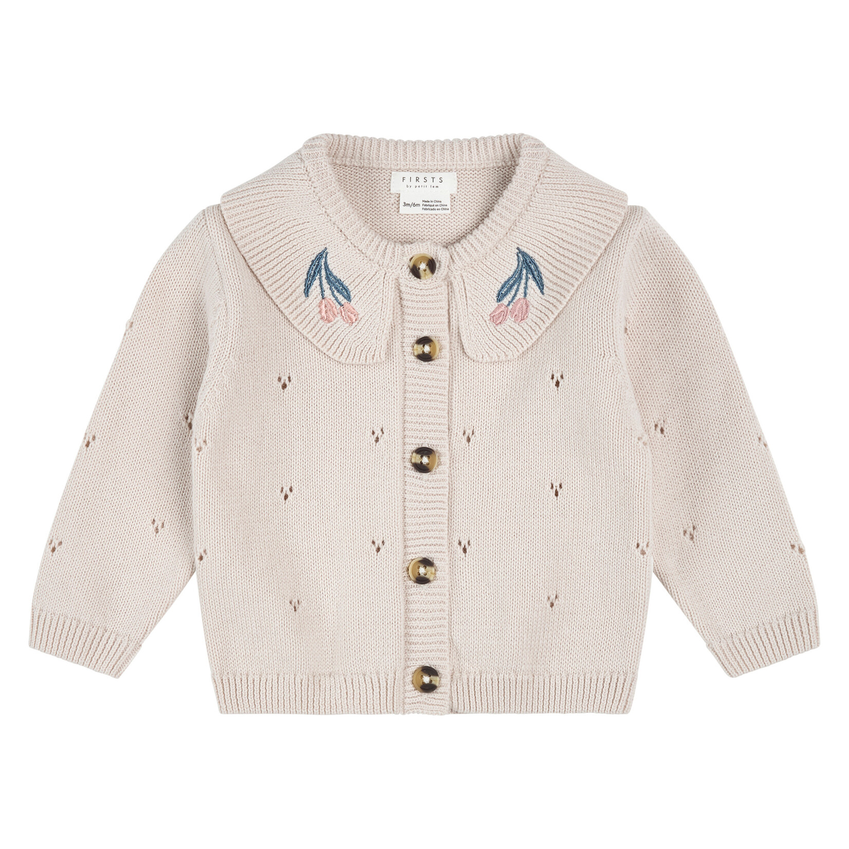 Petit Lem PETIT LEM - Beige knitted cardigan with tulip embroidery