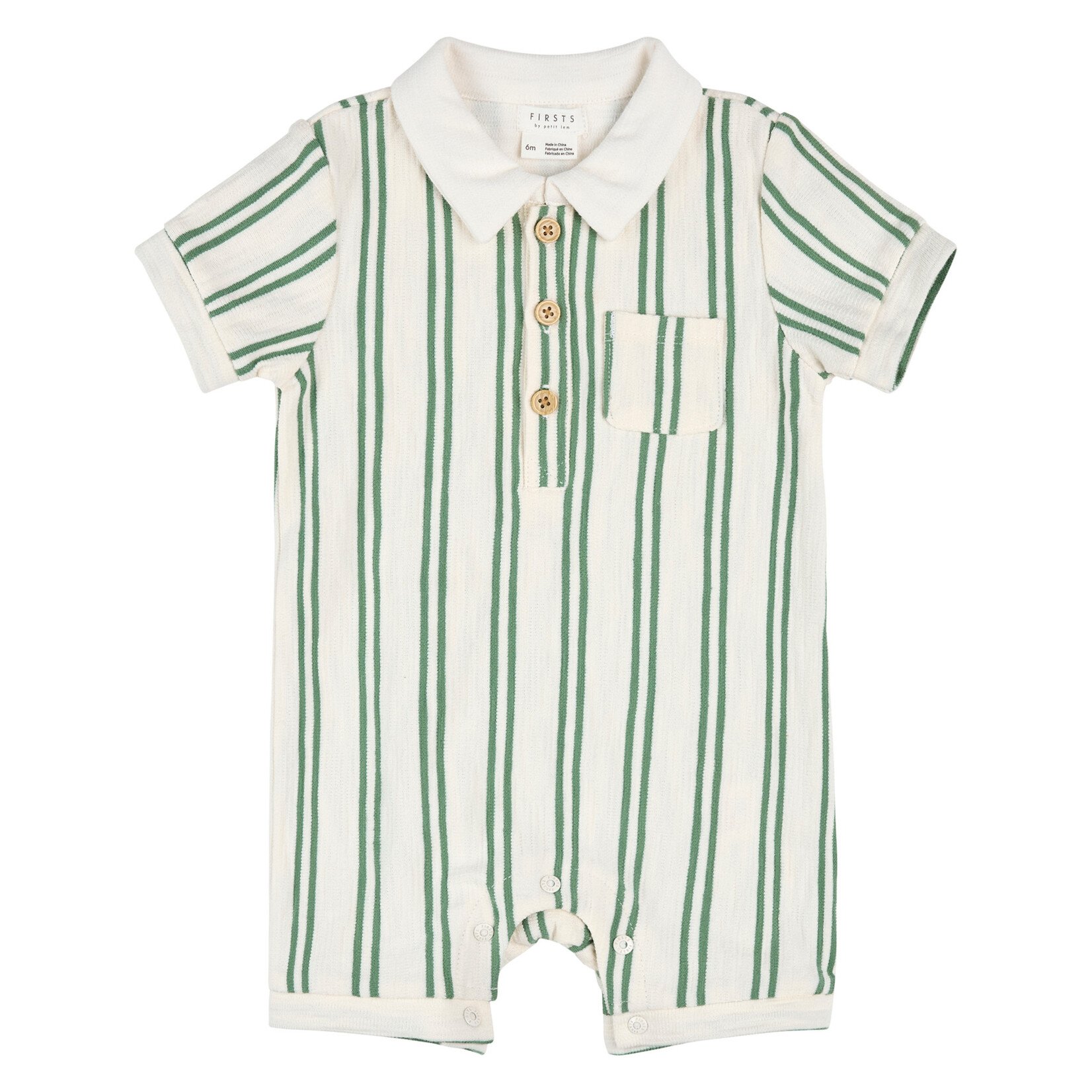 Petit Lem PETIT LEM - White and beige romper/playsuit with dark green vertical stripes