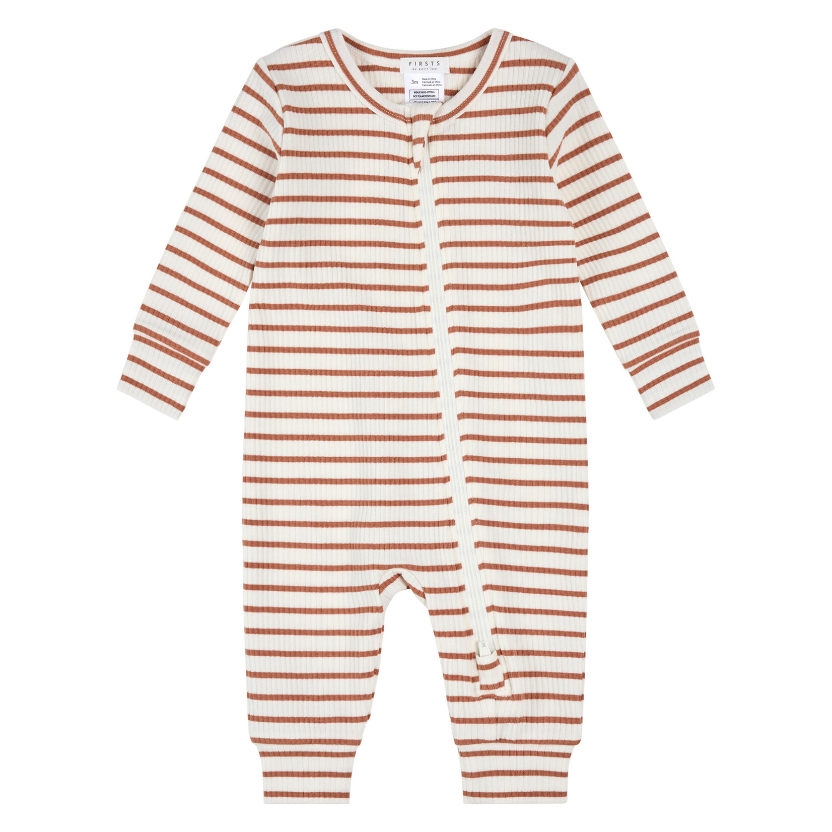 Petit Lem PETIT LEM - Long-sleeved romper in white and dark orange striped ribbed fabric