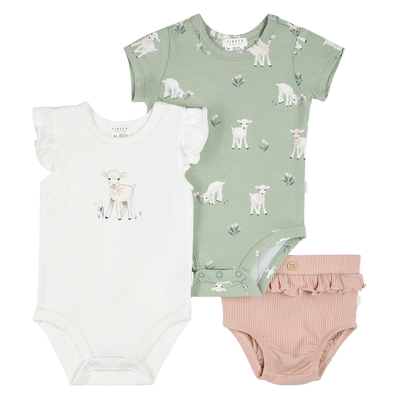 Petit Lem PETIT LEM - Three-piece set - Bodysuit with printed lambs and knitted bloomers