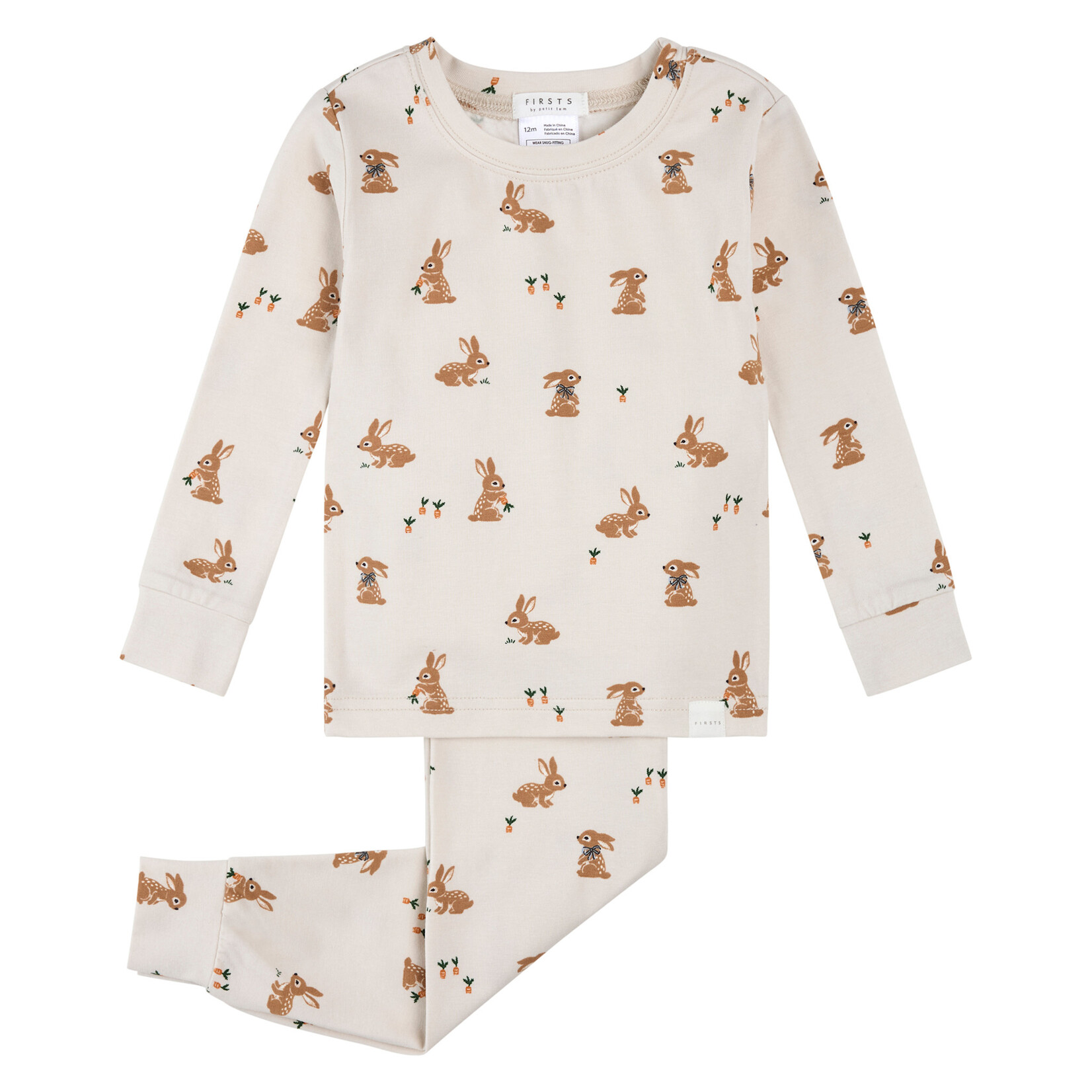 Petit Lem PETIT LEM - Pale beige pyjama set with a rabbit and carrot print