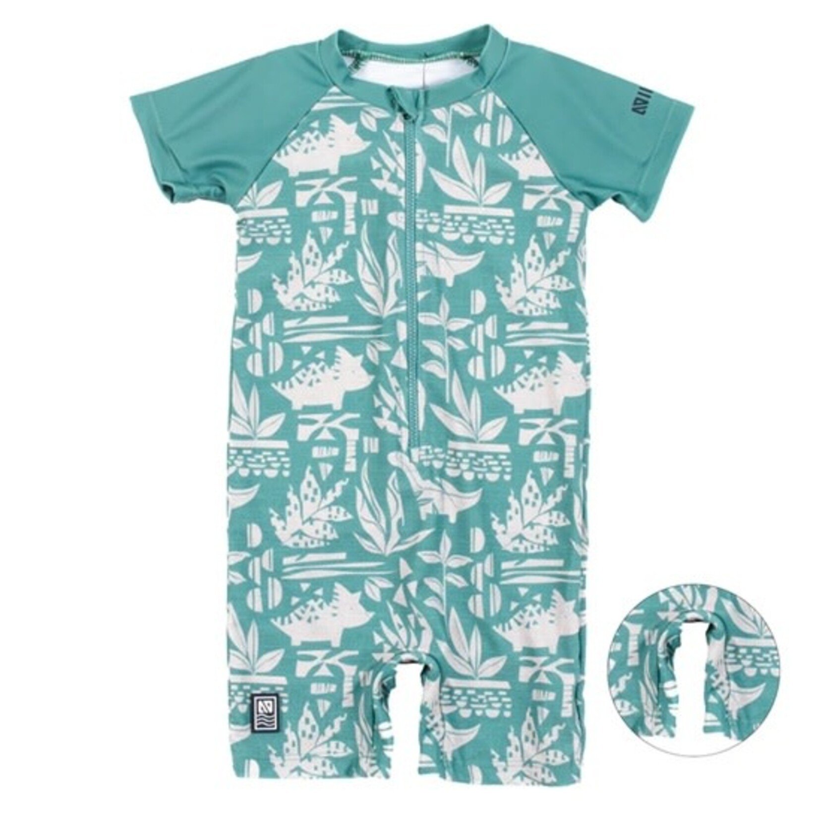Nanö NANÖ - Green-Grey One-piece Short Sleeve Rashguard Swimsuit with a leaf and dinosaur print