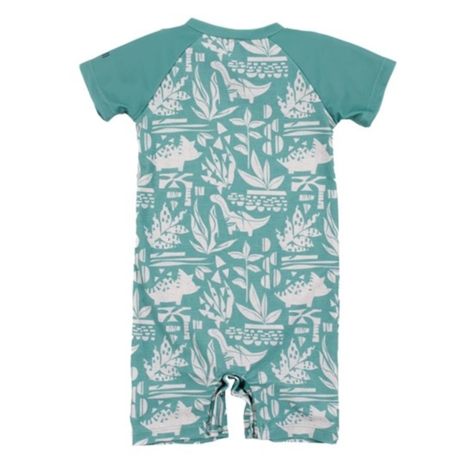 Nanö NANÖ - Green-Grey One-piece Short Sleeve Rashguard Swimsuit with a leaf and dinosaur print