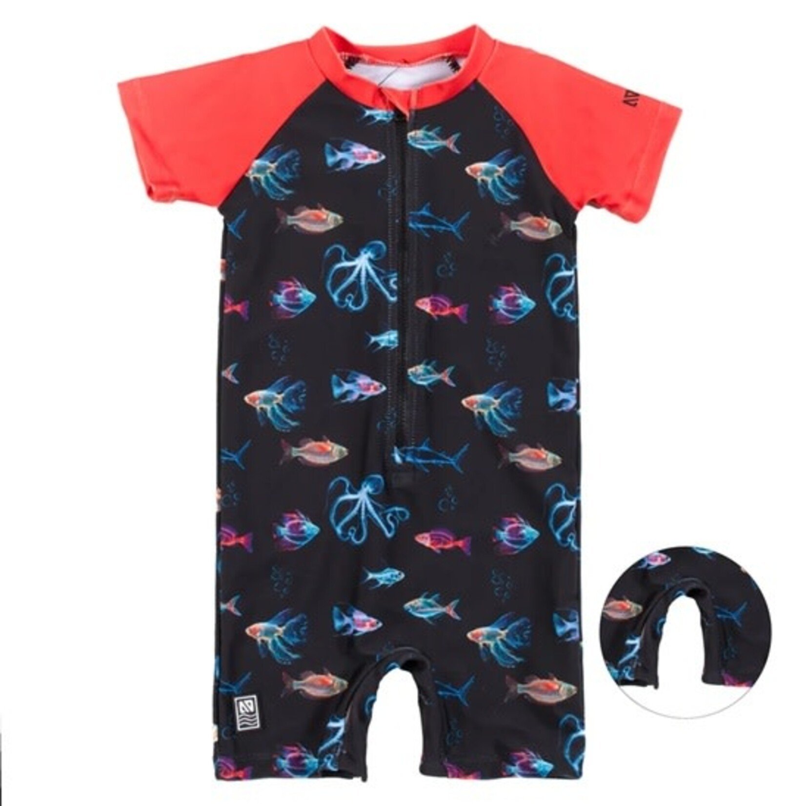 Nanö NANÖ - Black one-piece Rashguard swimsuit with a fish print and red short sleeves