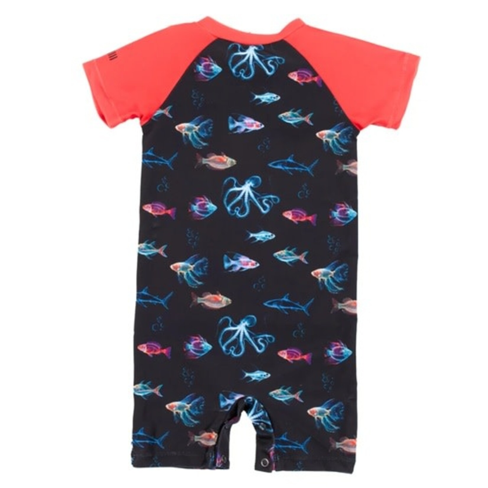 Nanö NANÖ - Maillot une pièce dermoprotecteur noir à imprimé de poissons et à manches courtes rouges
