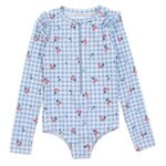 Nanö NANÖ - Maillot UV une-pièce vichy bleu et blanc à manches longues avec imprimé de cerises
