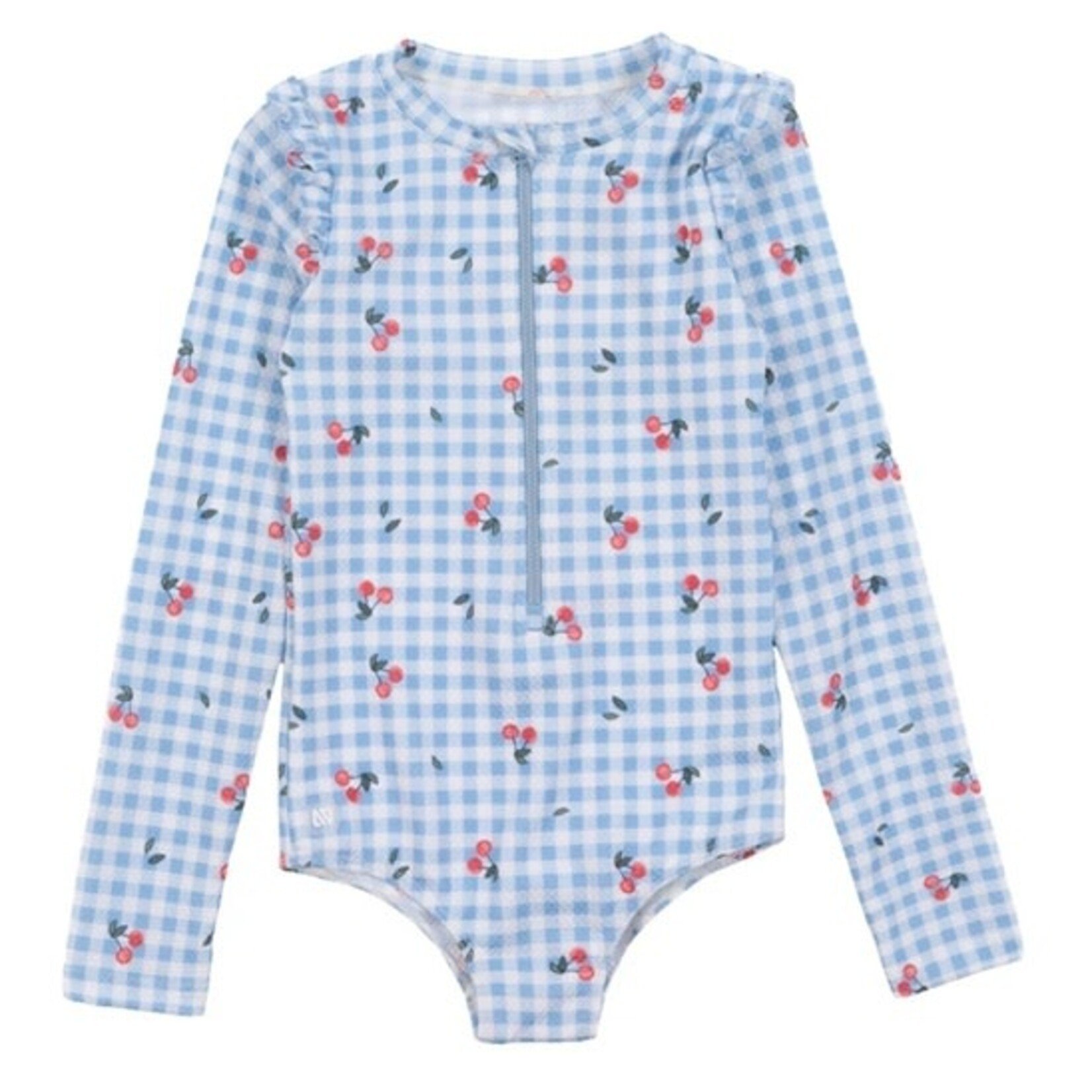 Nanö NANÖ - Maillot UV une-pièce vichy bleu et blanc à manches longues avec imprimé de cerises