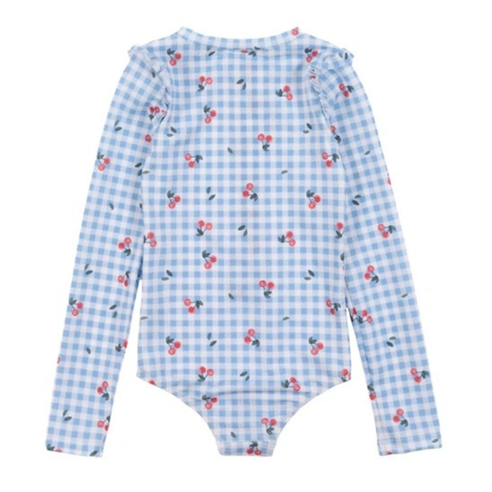 Nanö NANÖ - Maillot UV une-pièce vichy bleu et blanc à manches longues avec imprimé de cerises