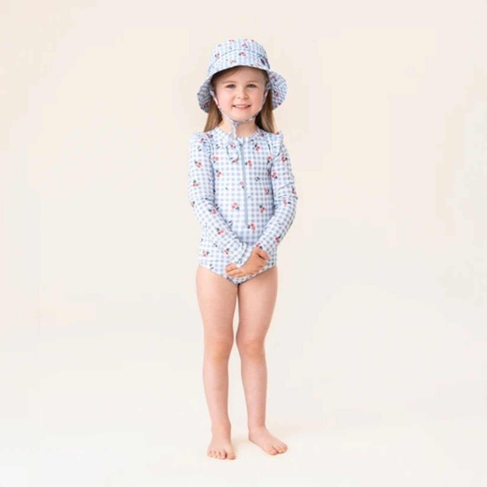 Nanö NANÖ - Maillot UV une-pièce vichy bleu et blanc à manches longues avec imprimé de cerises