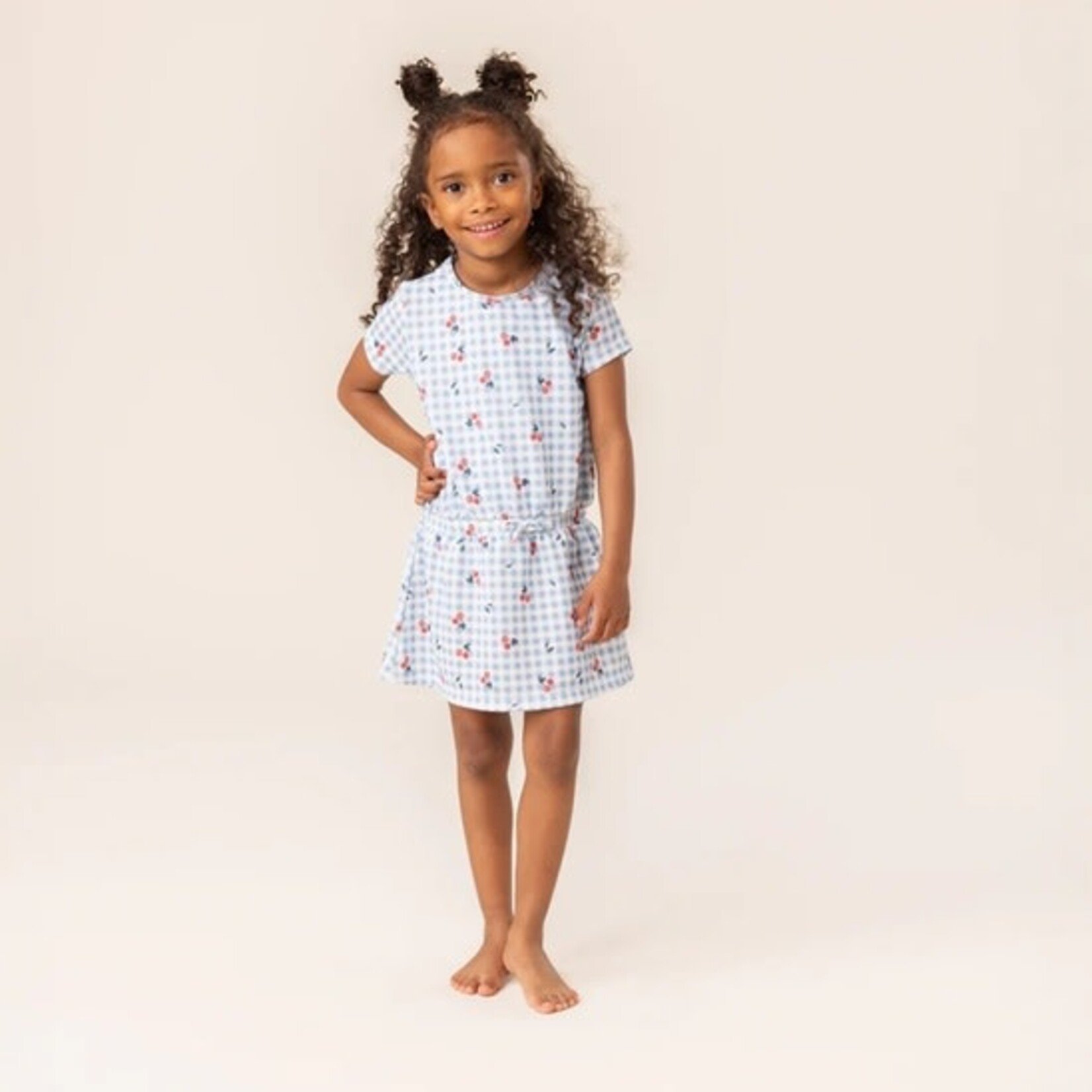 Nanö NANÖ - Blue and white gingham short-sleeved dress with cherry print