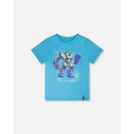 Deux par Deux DEUX PAR DEUX- Sky blue jersey T-shirt with robot print ' B.O.Y.S.'