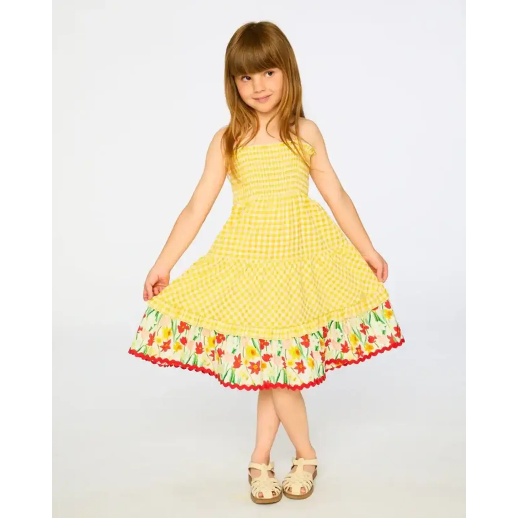 Deux par Deux DEUX PAR DEUX - Robe d'été vichy jaune avec motif quadrillé et de fleurs 'Sous les jonquilles'