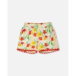 Deux par Deux DEUX PAR DEUX - White viscose shorts with daffodil print 'Under the Daffodils'