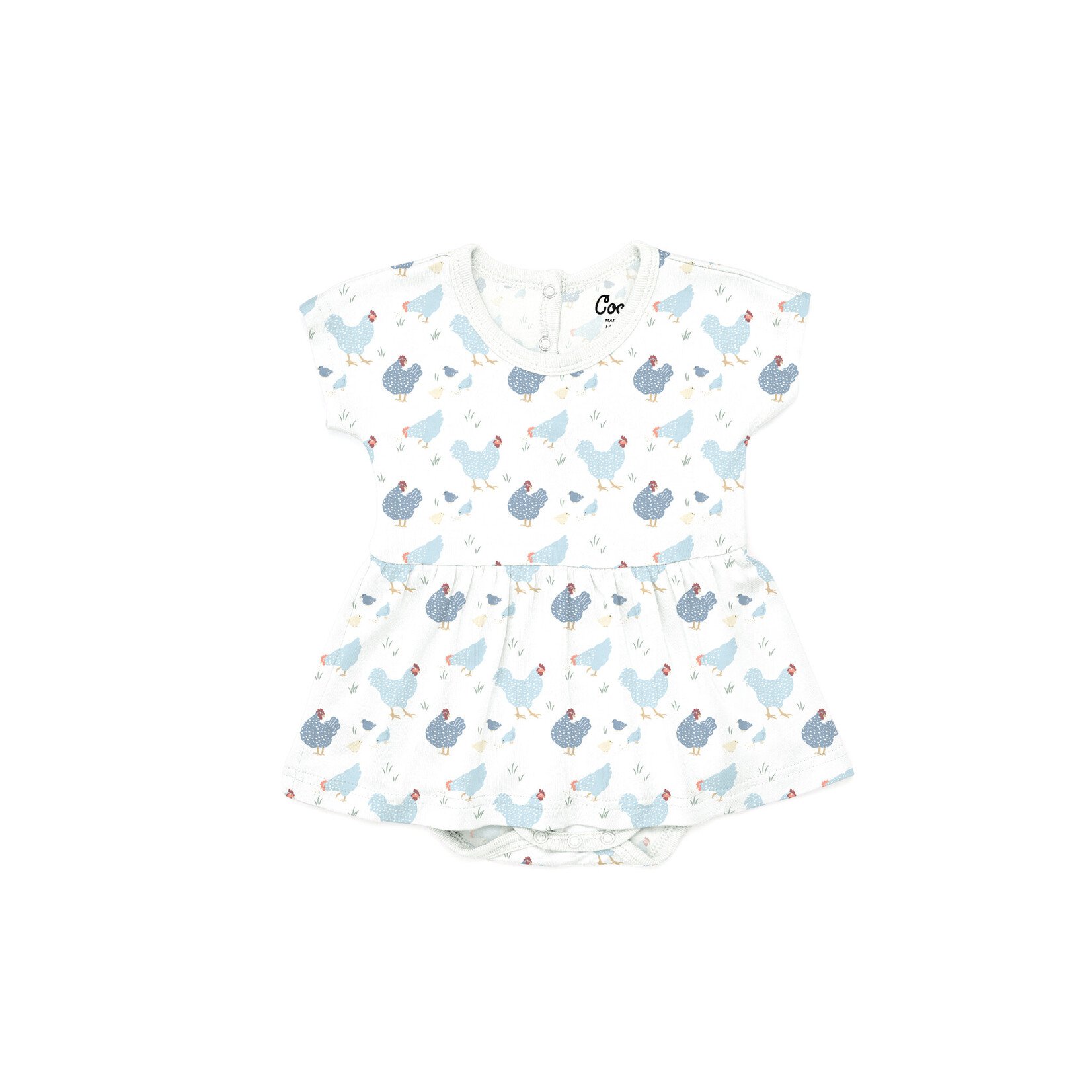 Coccoli COCCOLI - White short-sleeved modal dress with built-in bodysuit and blue chicken print