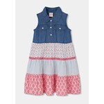 Boboli BOBOLI - Sleeveless dress with a soft denim top and colorful print ruffle