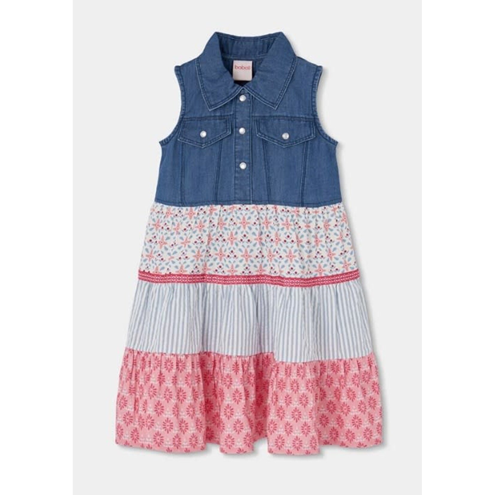 Boboli BOBOLI - Sleeveless dress with a soft denim top and colorful print ruffle
