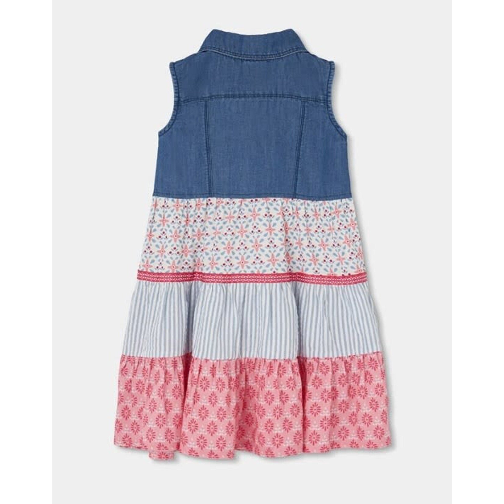 Boboli BOBOLI - Sleeveless dress with a soft denim top and colorful print ruffle