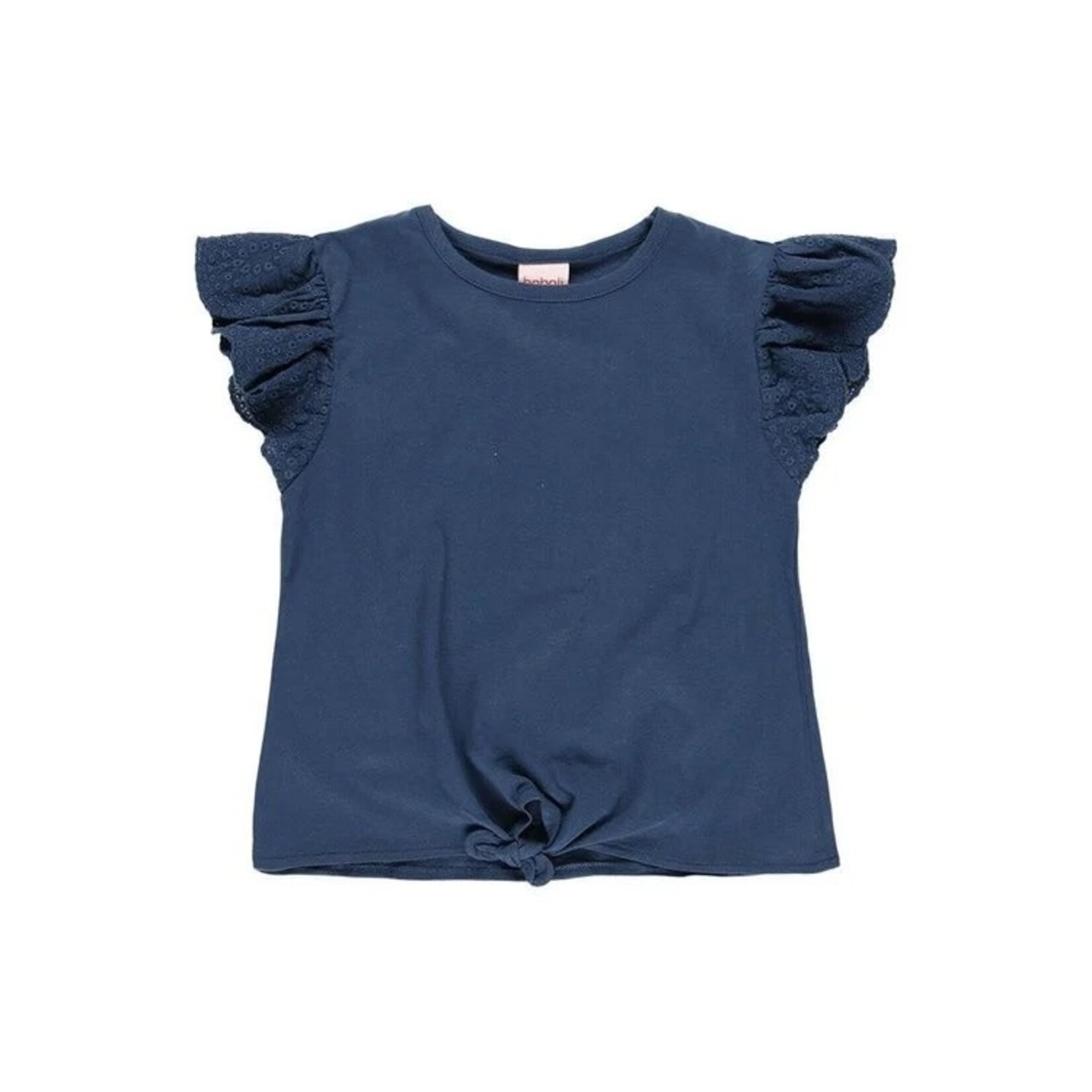 Boboli BOBOLI - T-shirt bleu marine à manches courtes écru et volants avec noeud au bas