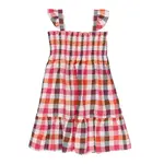 Boboli BOBOLI- Robe à bretelles en volant, à haut en nid d'abeille et motif à carreaux orange, rose et noir