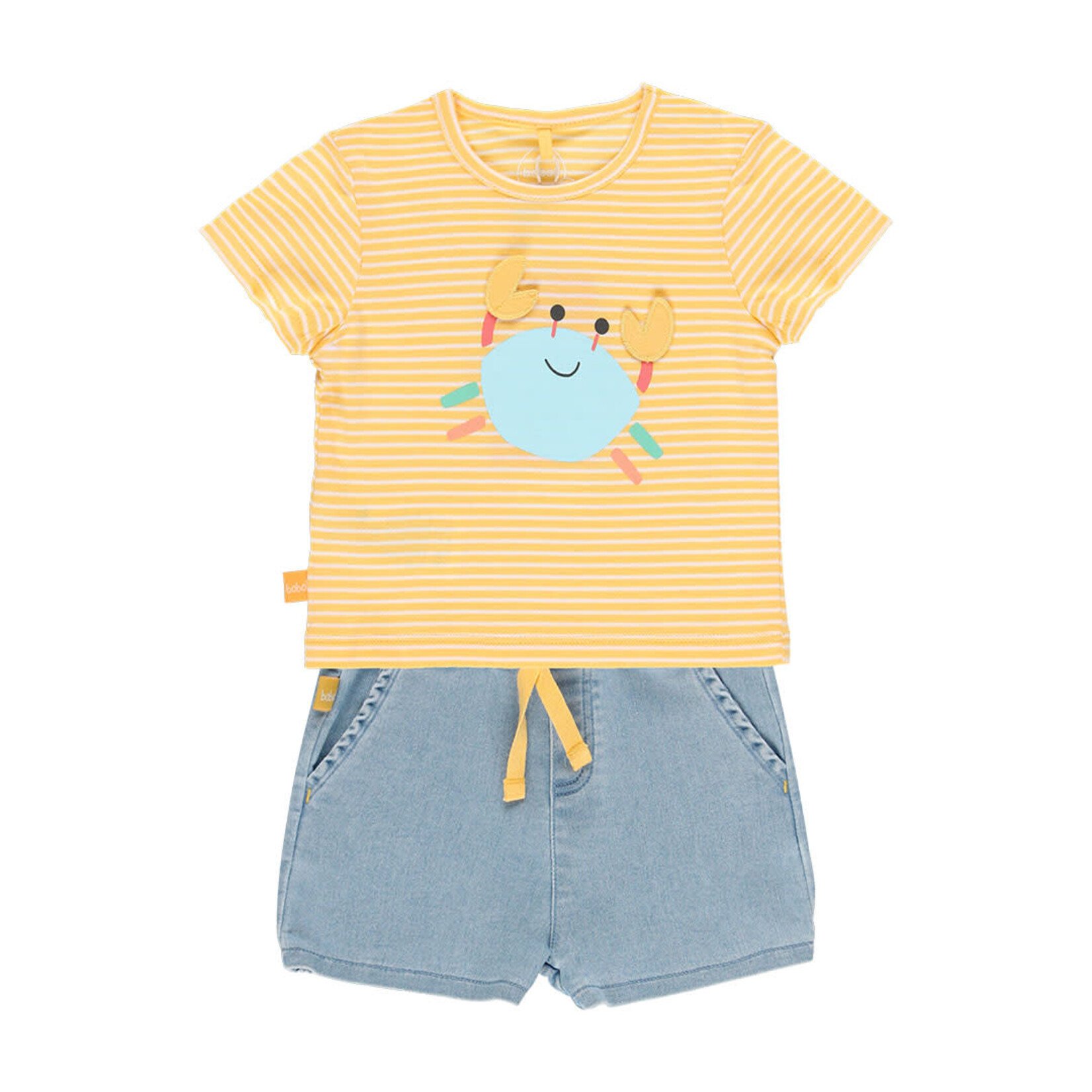 Boboli BOBOLI - Two-piece set - yellow and white striped t-shirt with crab print and denim shorts with yellow drawstring