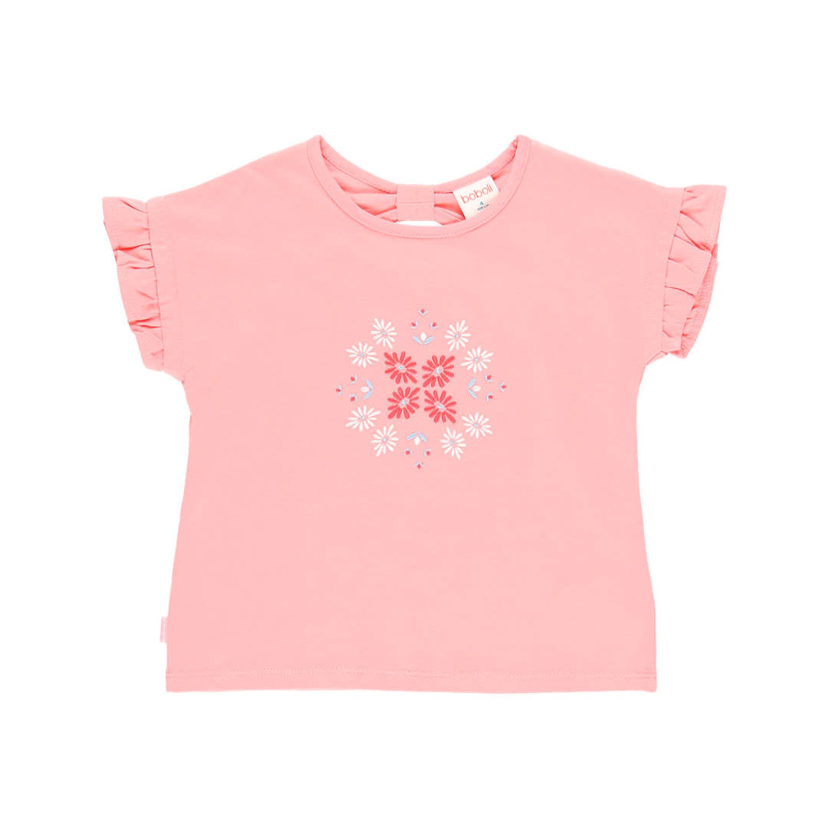 Boboli BOBOLI - Pink short-sleeved T-shirt with ruffles and small floral embroidery