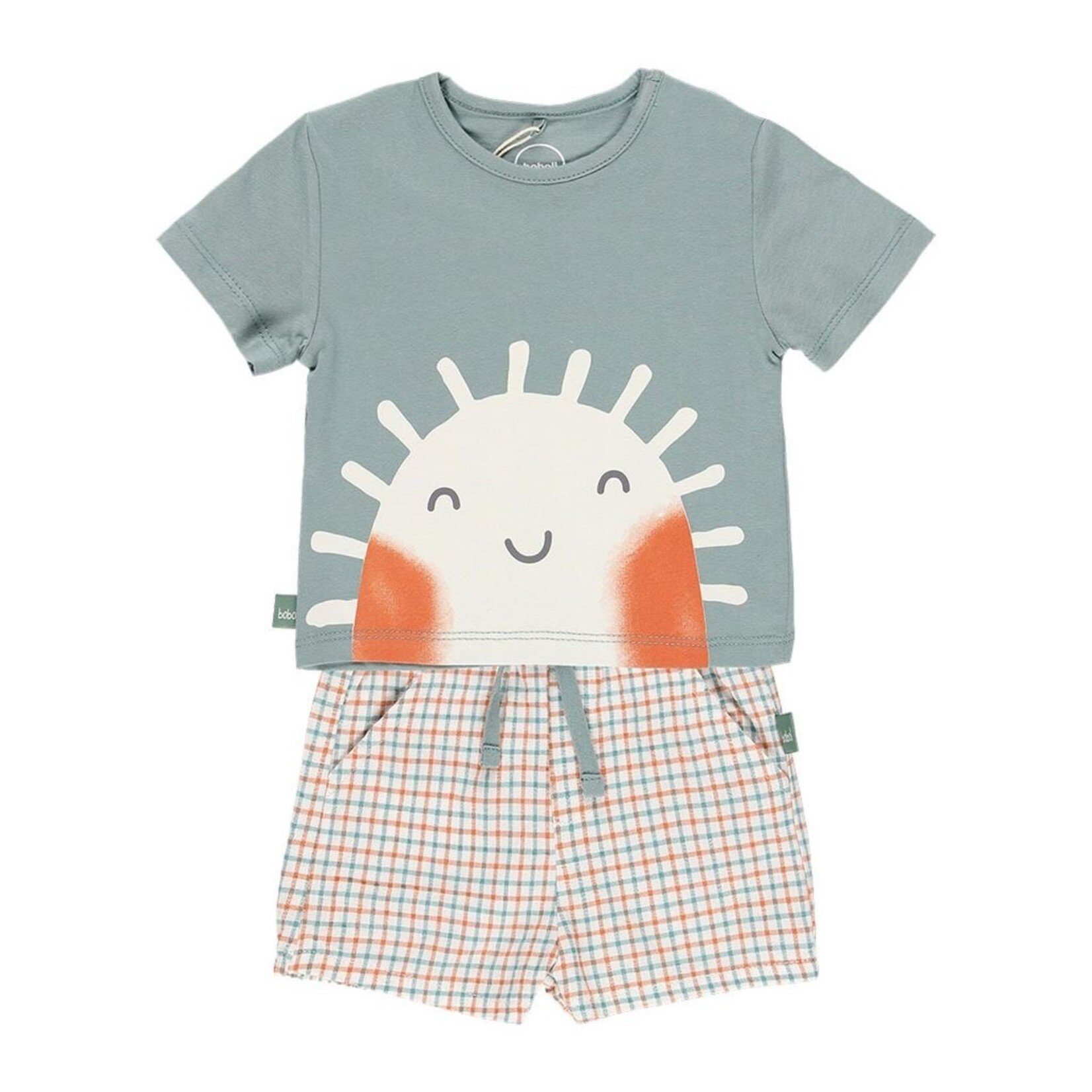 Boboli BOBOLI - Ensemble deux pièces - T-shirt bleu/vert avec imprimé d'un soleil et un short quadrillé