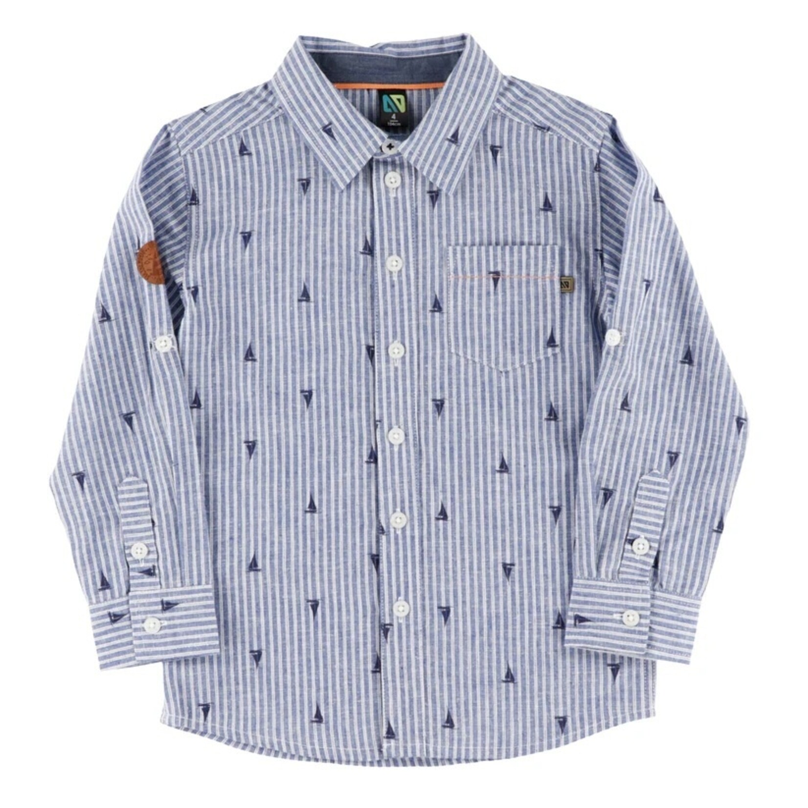 Nanö NANÖ - Long-sleeved blue shirt with white stripes and a 'Coastal Breeze' sailboat pattern