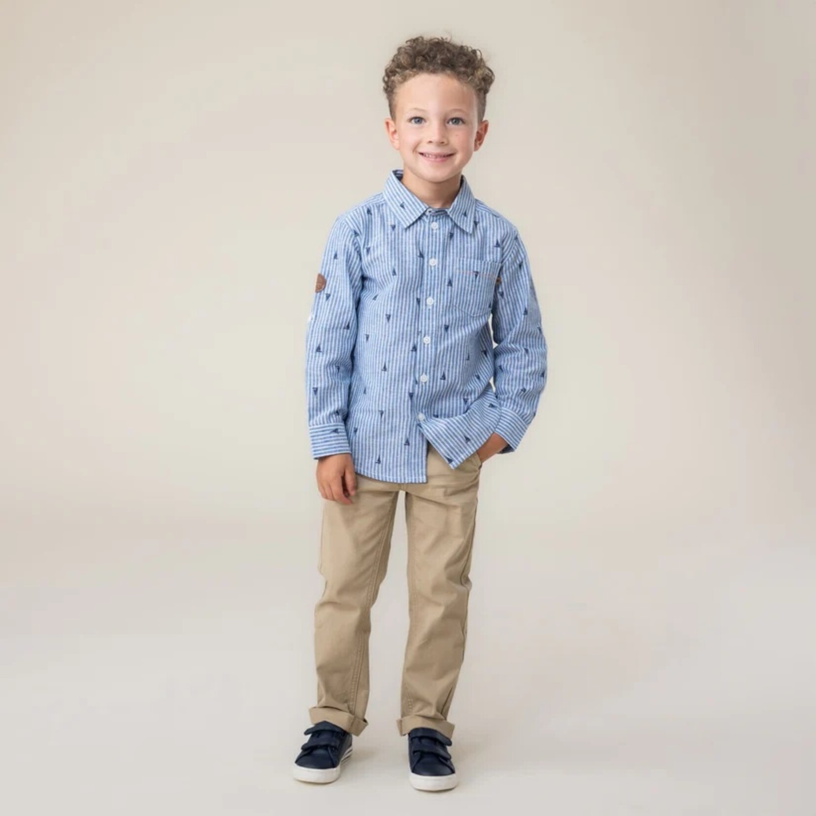 Nanö NANÖ - Long-sleeved blue shirt with white stripes and a 'Coastal Breeze' sailboat pattern